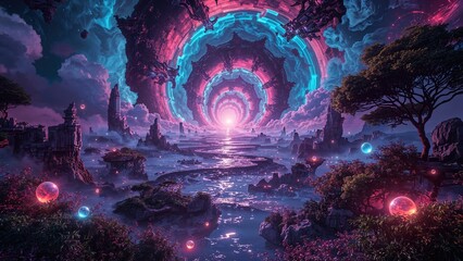 Wall Mural - neon spiral gateway in a mystical fantasy realm, blending ancient and futuristic elements in a surre