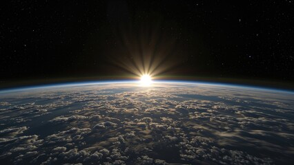 Wall Mural - dawn breaking above the planet from orbit with glowing clouds and twinkling stars in 4k 3d visualiza