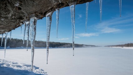 Wall Mural - frozen icicles dangling from a rooftop in the cold season