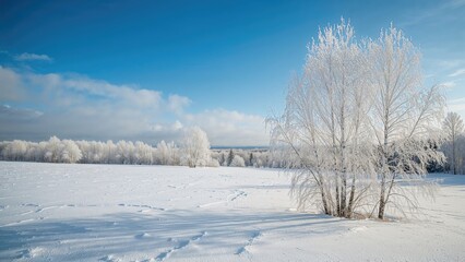 Wall Mural - snow-blanketed field with birch trees under clear skies in a countryside setting.