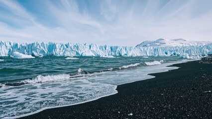Wall Mural - chilly blue waters of the lagoon turn to ice and snow on a black shoreline, with the glacier set far