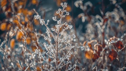 Wall Mural - winter frost on plants amidst a seasonal forest, captured with macro lens