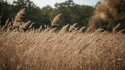 Wall Mural - Dried wild grasses stretching across a field with a blurred forest behind