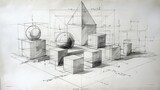 Technical drawing showcasing geometric shapescubes, spheres, pyramiddemonstrating perspective principles through precise measurements and detailed annotations