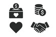 © Michael - Fundraising and Charity Icon Set. Solid Vector Symbols Donation Box, Coins, Heart, Handshake. Nonprofit Organization, Volunteer, Support, Business Partnership, Financial Aid, Donation, Fund Drive