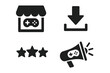 © Michael - Game publishing storefront icons set. Solid vector symbols for game store, download button, rating stars, and marketing megaphone. Filled glyph design for app launch, mobile, web, commercial use.