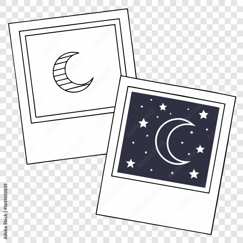 Two stylized instant photo frames one with a simple moon drawing and ...