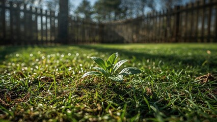 Canvas Print - small green plant emerging from moss in shaded garden lawn with patches of sunlight, blurred wooden 