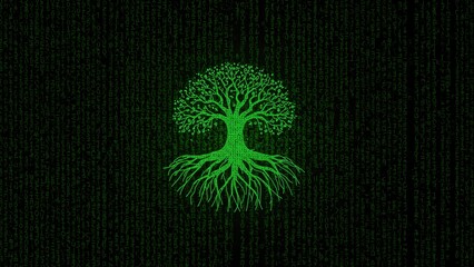 Exhibits the root directory of a server disk. Marketing content for developers. Simulated reality setting. Code-oriented background. Green binary numbers on display texture. Binary coding.