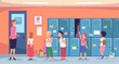© ssstocker - Students school corridor. Teacher with children on school break in hall room interior, kids at lockers hallway schooler child meeting classroom door cartoon vector illustration