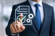 © Generative AI - Business Compliance Concept: Professional Demonstrates Successful Approval Process with Check Mark and Gears Icon