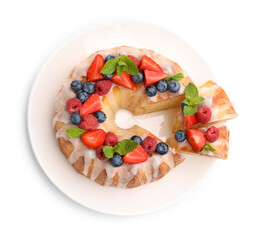Wall Mural - delicious bundt cake with berries, glaze and mint isolated on white, top view