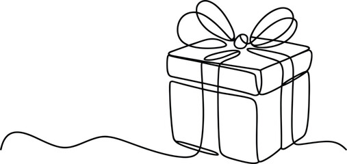 Minimalist single line drawing of a gift box with a bow