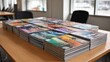 © Alena - Variety of club flyers and sports brochures. Piles of colorful magazines stacked on a polished wooden table in a modern office, concept of media collection.
