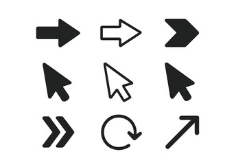 Collection of arrow icons and computer cursors for web design interface. Vector illustration of navigation, direction, fast forward, reload, movement and pointer symbols on transparent background.