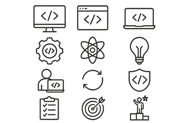 Programming coding success icon set with editable stroke, software development symbols, web and app development, technology and innovation vector illustration on transparent background