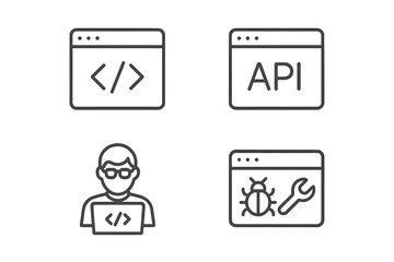Web development icon set with 4 linear style developer icons including code, API, programmer coding, app flow, node connection, web coder, and bug fixing for web and mobile apps
