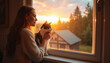 © Dana - A woman strokes a cat on a windowsill and looks out the window during sunset.
