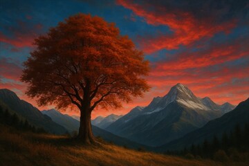 Wall Mural - a solitary red oak stands tall against a breathtaking sunset over a mountain range, its vibrant hue 