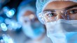 © Yuliia - Medical professional wearing protective face mask and safety glasses against blue bokeh background, close up view of eyes showing determination and focus.