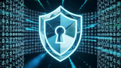 Abstract digital shield with keyhole graphic over a background of binary code