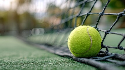 Tennis ball sits against net green court backdrop