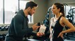 © SugarStock - Personal trainer recommending a supplement mockup to a woman at the gym