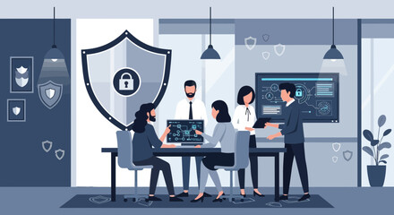 Cybersecurity team meeting discussing data protection strategies with shield symbol