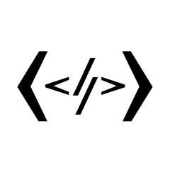 Black coding symbol with brackets and forward slash on a white background