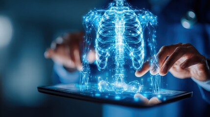 Wall Mural - hand using tablet with creative glowing blue medical hologram medicine technology concept double exp
