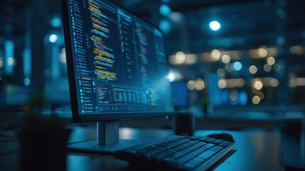 A computer monitor displays colorful programming code in a modern, dimly lit office environment with a keyboard in the foreground