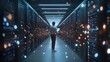 © Yuliia - Person standing in modern data center server room with glowing lights and bokeh effects creating futuristic atmosphere for technology and cloud computing concepts.