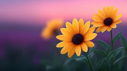 Wall Mural - two yellow flowers are in a field of purple grass
