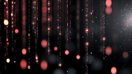 Digital binary code streams with glowing red particles falling against dark background, creating futuristic matrix effect for technology concepts.