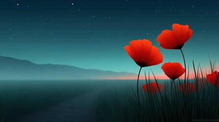 Wall Mural - a beautiful image of a field with three red flowers in the foreground