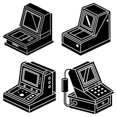 Isometric illustration of four vintage arcade machines with different designs and screen displays