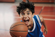 © Running opossum - Excited young boy playing basketball indoors with vibrant red court background, expressing enthusiasm and joy