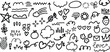 © Jonal - Playful hand-drawn doodle set with hearts, arrows, stars, flowers, clouds, and fun shapes in black outline. Perfect for creative designs, planners, stickers, invitations, and modern digital art.