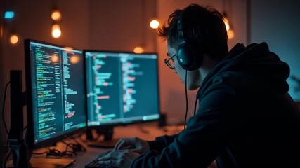 Focused programmer immersed in code, working late with dual monitors and headphones on