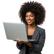 © sujon1638 - Smiling african american woman professionally dressed holding a silver laptop computer isolated on transparent background