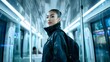 © Oksana_Tukane - young, beautiful asian woman traveling by train in city at night. A young East Asian woman in her 20s wearing a sleek techwear jacket and minimalist backpack standing inside a futuristic tram