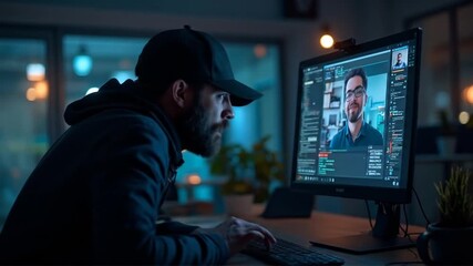 Focused coder collaborates remotely during late hours on complex coding project