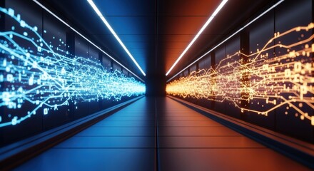 Wall Mural - Digital data streams in a server room tunnel. Binary code flowing through a futuristic network corridor. Concept of big data processing and artificial intelligence.