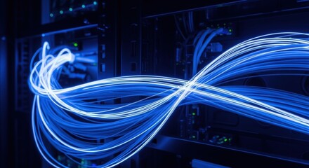 Wall Mural - Glowing blue fiber optic cable transmitting data in a server rack, a digital abstract concept for high speed internet and communication.