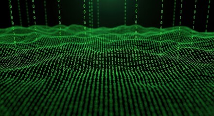 Abstract green binary code data stream on digital wave surface for technology concept and cryptocurrency