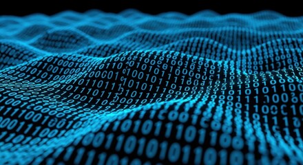 Wall Mural - Blue binary code data waves on dark background, representing digital information flow and cybersecurity concept.