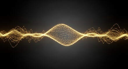Wall Mural - An abstract shimmering golden wave pattern on a dark background illustrating digital data and sound waves. Technology concept and network.