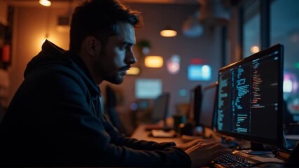 Focused coder meticulously working through complex programming lines on computer