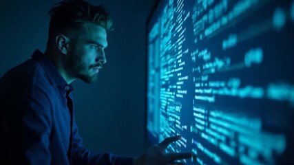 Focused programmer analyzes intricate software code on a screen with expertise