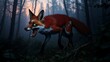 © Ruwin - A fox with green eyes in a dark forest with its mouth open showing sharp teeth and a bushy tail behind
